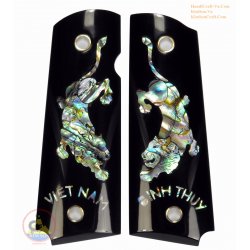 Pinze per 1911A1 da nome di corno nero - intarsio 2 Tiger da conchiglia di abalone - Custom testo disponibile.