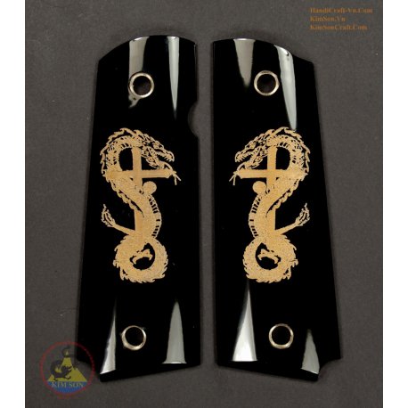 1911 a 1 poignées de corne de buffle noir véritable - tatouage gravé croisent Dragon