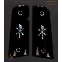 1911A1 apertos de chifre de búfalo de água preta genuína - Inlay "Chi-Rho" verde Abalone Shell