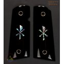 1911A1 Grips From Genuine Black Water Buffalo Horn - Inlay "Chi Rho" Green Abalone Shell