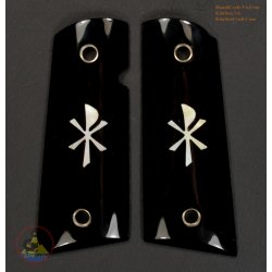 1911A1 apertos de chifre de búfalo de água preta genuína - Inlay "Chi-Rho" branco osso