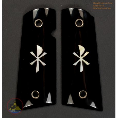 1911A1 Grips From Genuine Black Water Buffalo Horn - Inlay "Chi Rho" White Bone