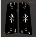 1911A1 apertos de chifre de búfalo de água preta genuína - Inlay "Chi-Rho" branco osso