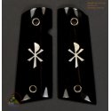 1911A1 Griffe aus echten schwarzen Wasserbüffelhorn - Inlay "Chi Rho" weiße Knochen