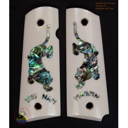 1911A1 Griffe aus weißen Knochen - Einlegearbeit grün Abalone-Muschel - Custom Text verfügbar