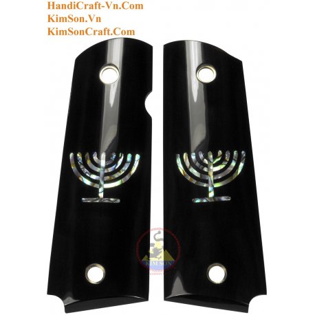1911A1 From Genuine Black Water Buffalo Horn - Inlay "Double Menorah" With Green Abalone