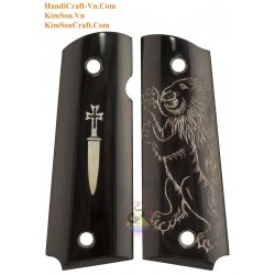 1911A1 aus echten schwarzen Wasserbüffelhorn - Gravur weißen Mutter der Perle Schwert und stehende Löwe