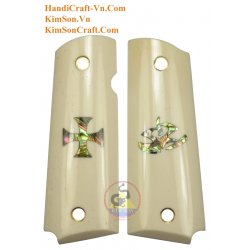 1911A1 da genuino Buffalo Bone - intarsio 1 Croce Maltese & 1 Hitman Logo da Abalone verde