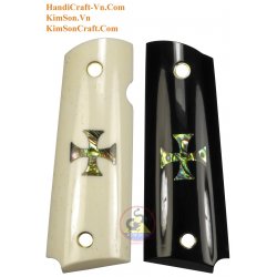 1911A1 da Real White Water Buffalo Bone & nero corno - Croce di Malta di intarsio da Abalone verde