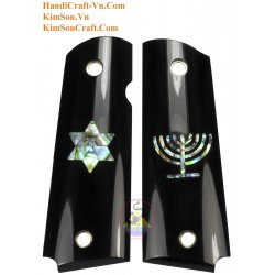 1911A1 de chifre de búfalo Real preto - embutimento "Estrela de David" e "Menorah" de Abalone verde